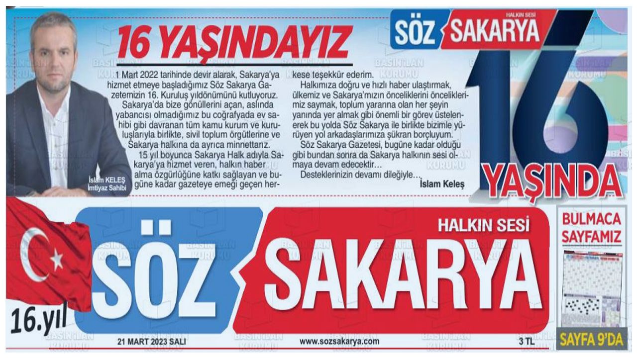 Söz Sakarya Gazetesi 16. kuruluş yıldönümünü kutluyor