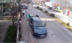 Fırtınanın savurduğu çöp konteyneri park halindeki araca çarptı