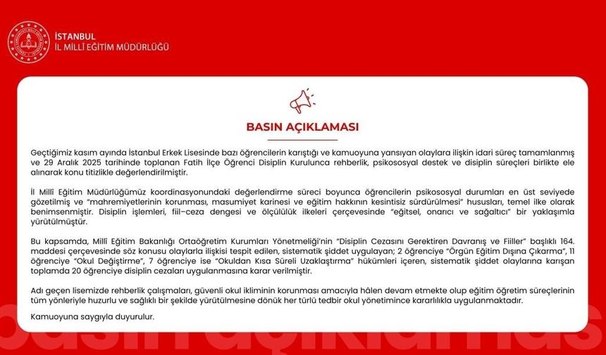 İstanbul Erkek Lisesi'nde 20 öğrenciye disiplin cezası