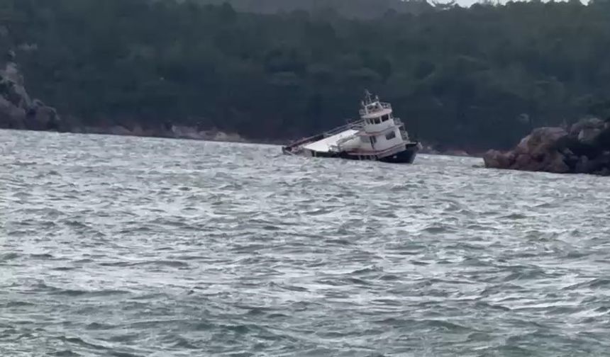 Balıkesir'de fırtına nedeniyle 25 metrelik feribot koya sürüklenerek karaya oturdu