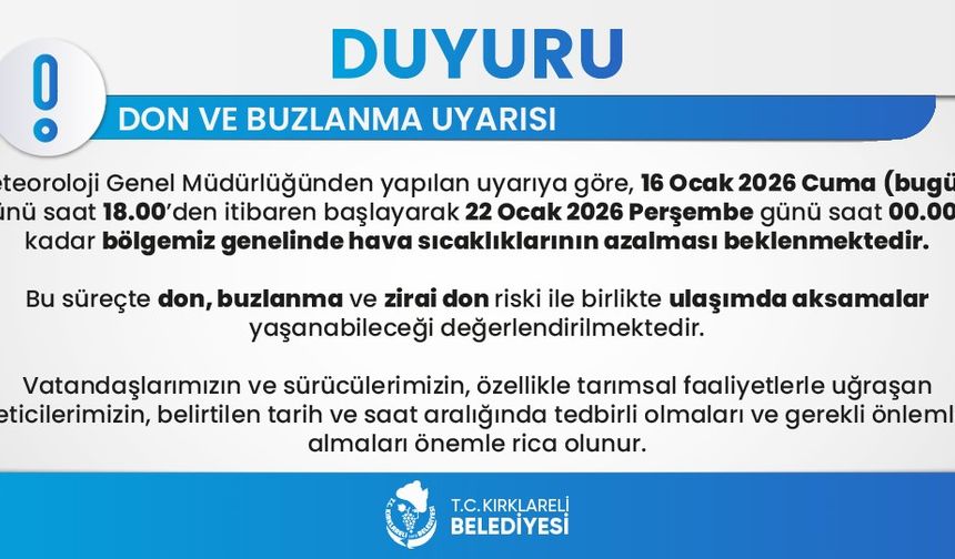 Kırklareli genelinde don ve buzlanma uyarısı: 6 gün sürecek